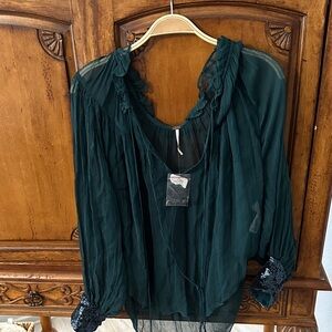 Free People Dark Green Ruffled Blouse